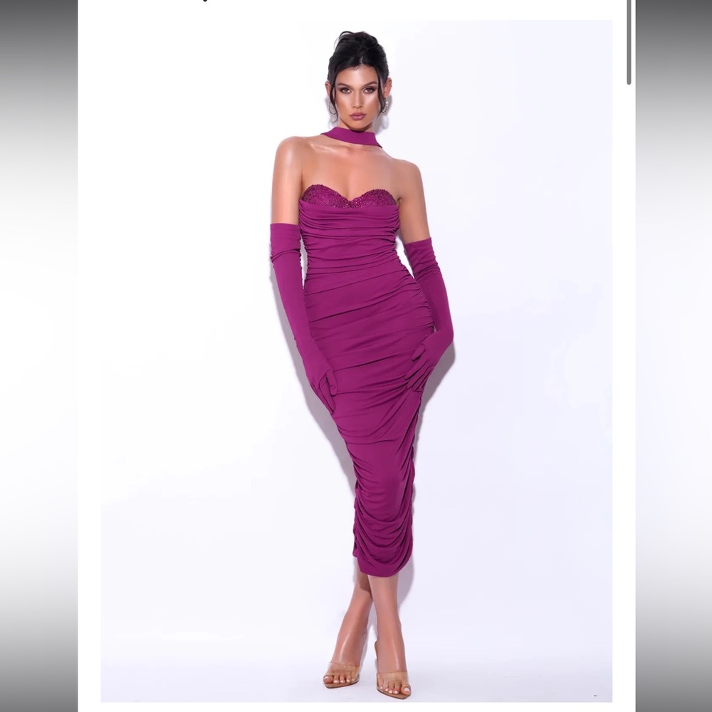 Adeline Grape Midi Halter Neck Dress with Crystal